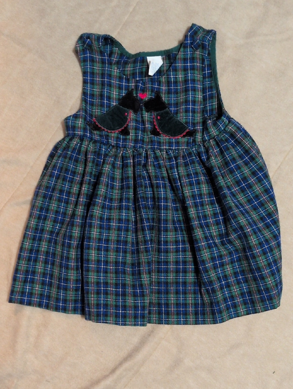 Green and Navy Plaid Baby Dress with Velvet Bird Appliqué